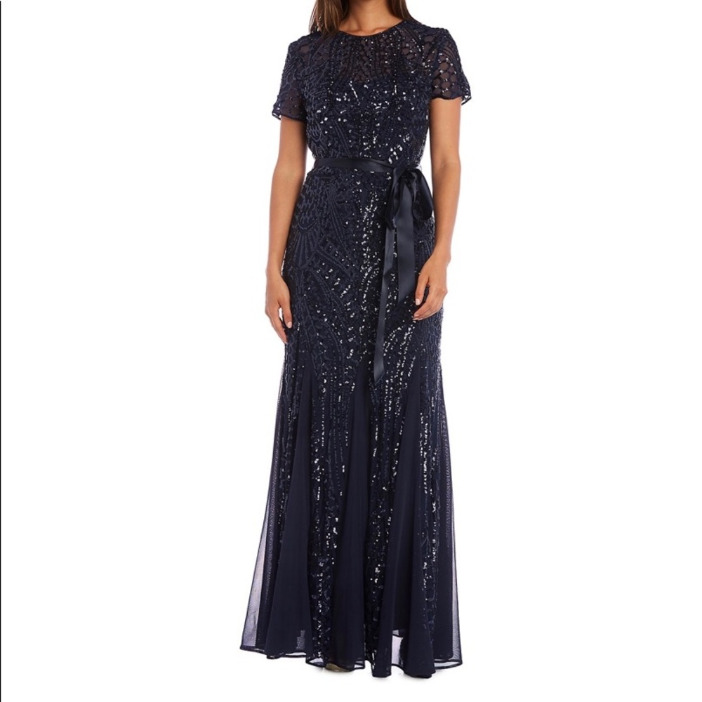 Plus Size Sequined Navy Blue Godet Gown.